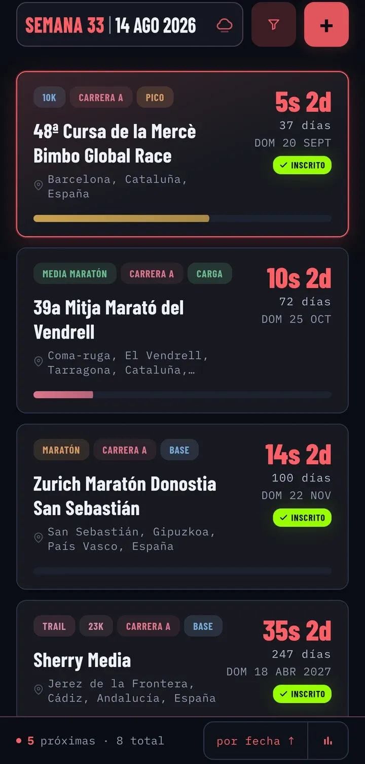 Lista de carreras con la cuenta atrás de cada una, la distancia y el estado de inscripción.