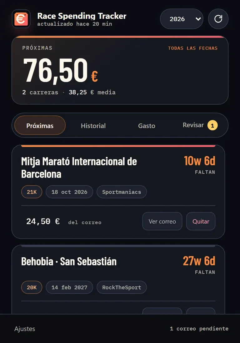 Próximas carreras con su fecha, distancia, plataforma de inscripción e importe pagado.