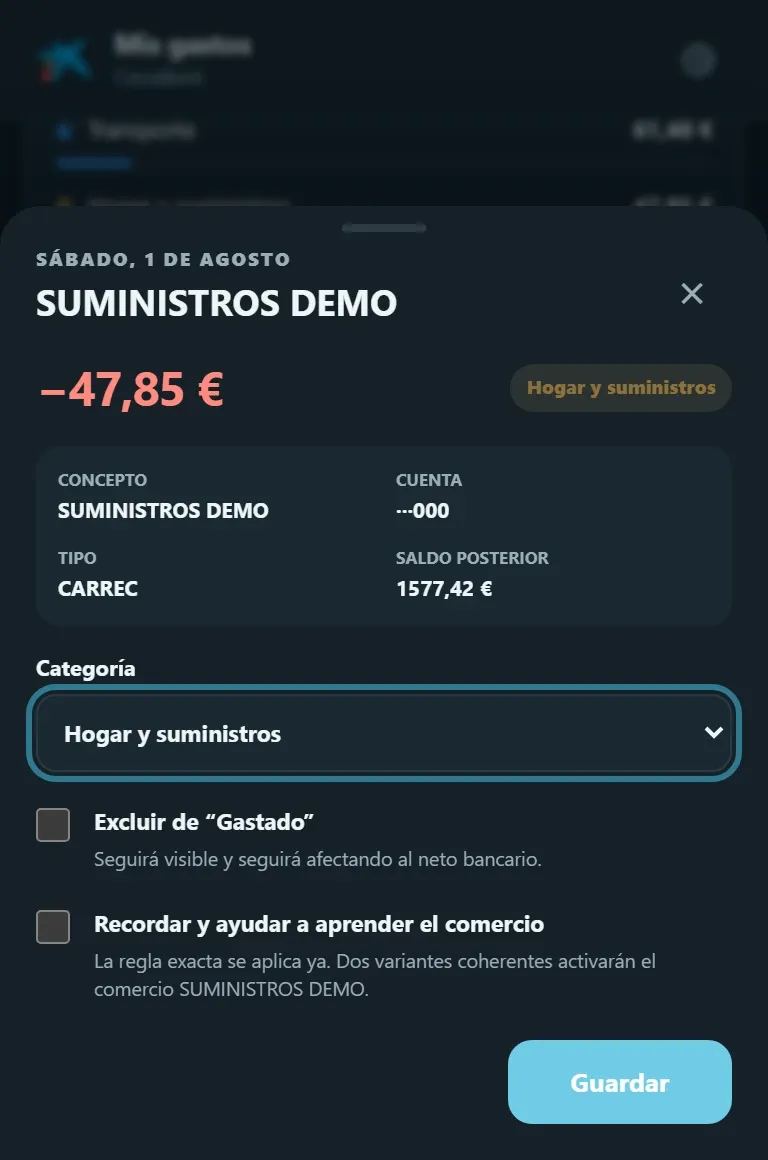 Editor de un movimiento: permite corregir su categoría o dejarlo fuera del gasto del mes.
