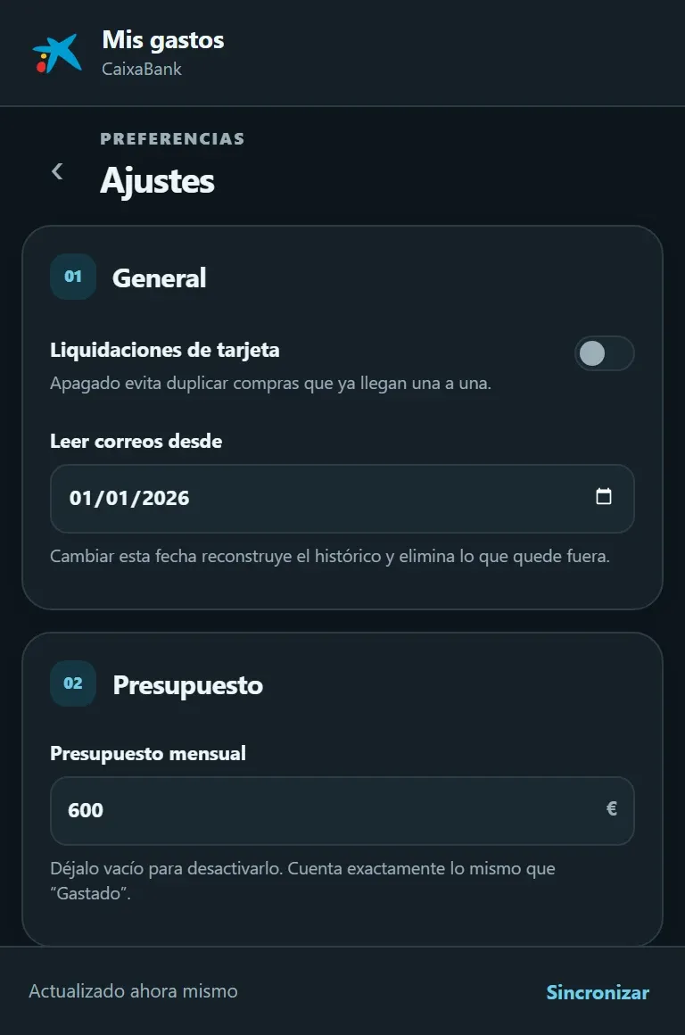 Ajustes: liquidaciones de tarjeta, fecha desde la que leer correos y presupuesto mensual.
