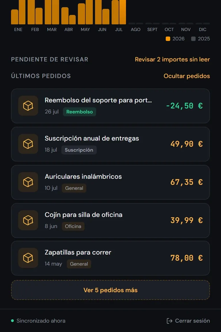 Lista de los últimos pedidos con su fecha e importe, etiquetados como reembolso, suscripción o compra general.