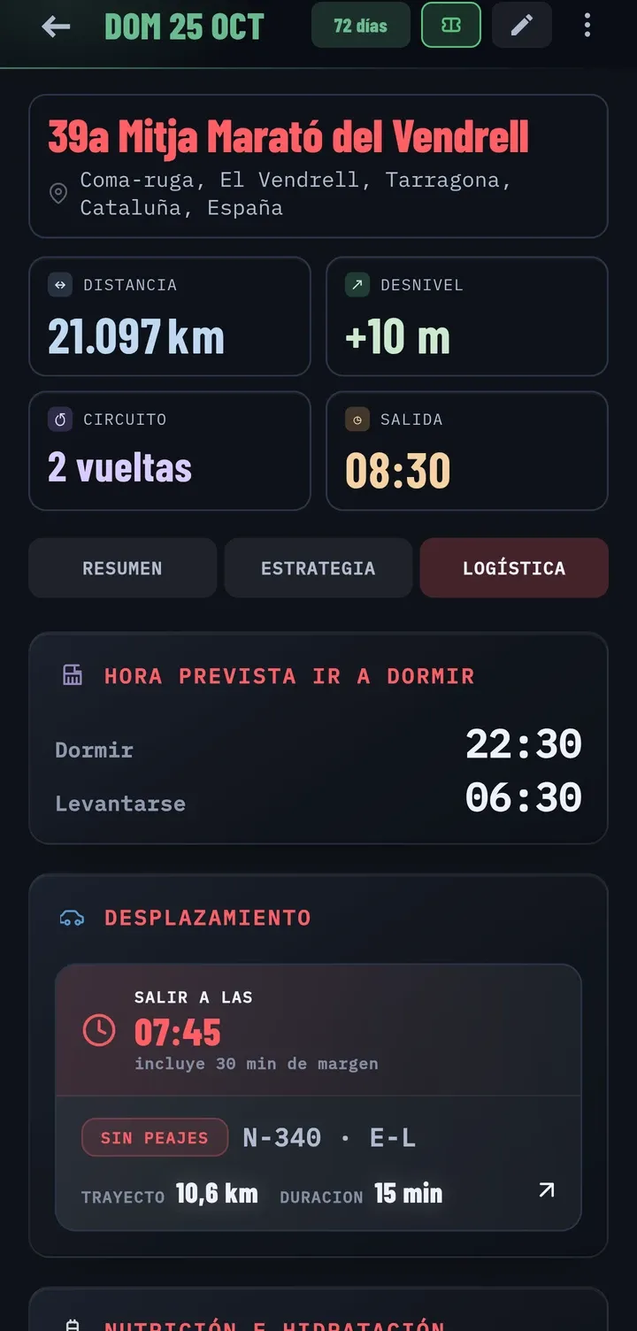 Logística del día de carrera: hora prevista de dormir y levantarse, y desplazamiento con ruta, distancia y duración.