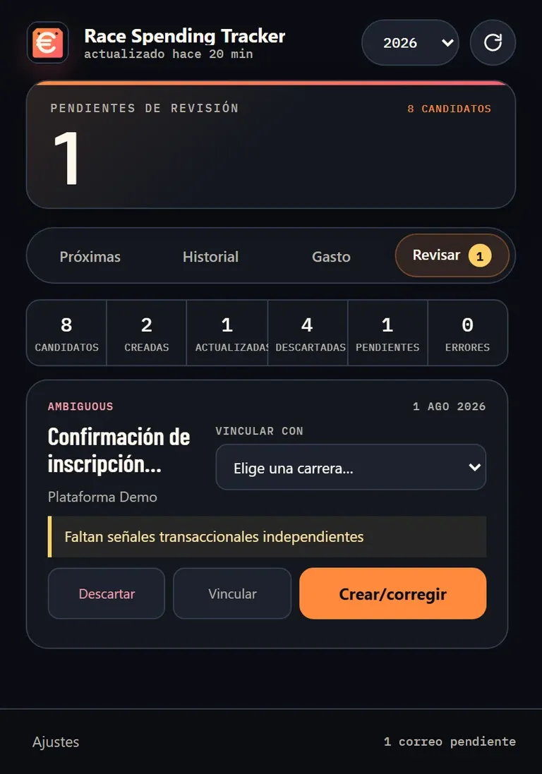 Cola de revisión: correos que no dieron evidencia suficiente para crear una carrera automáticamente.
