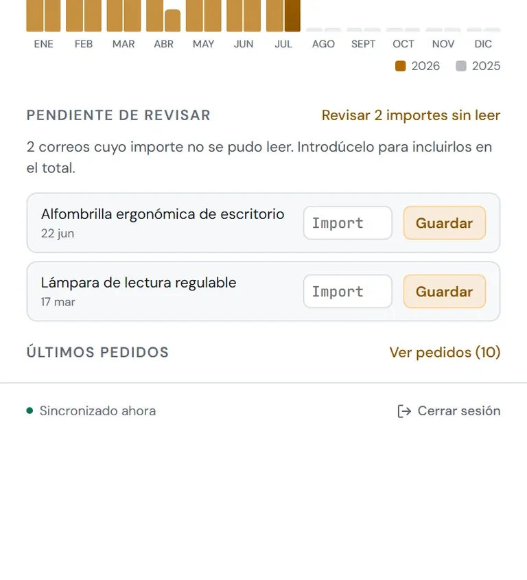 Revisión manual: dos correos cuyo importe no se pudo leer, cada uno con un campo para introducirlo.