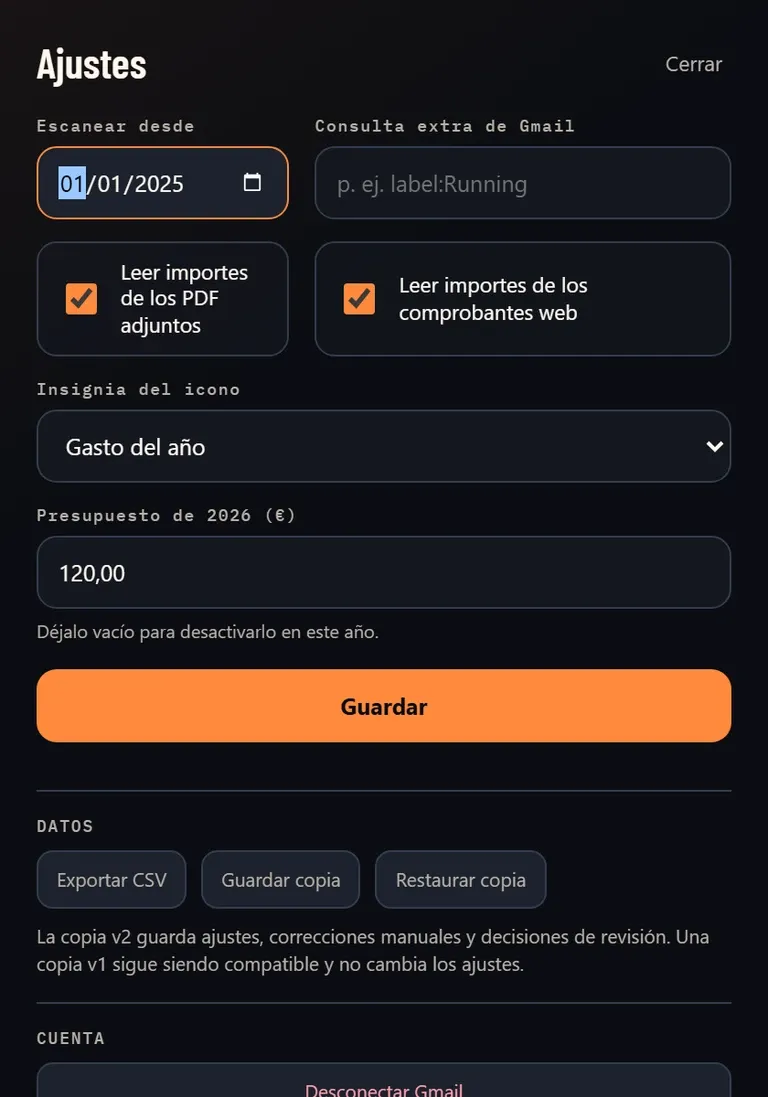Ajustes: fecha desde la que escanear, lectura de PDF y comprobantes web, presupuesto anual y copias de seguridad.