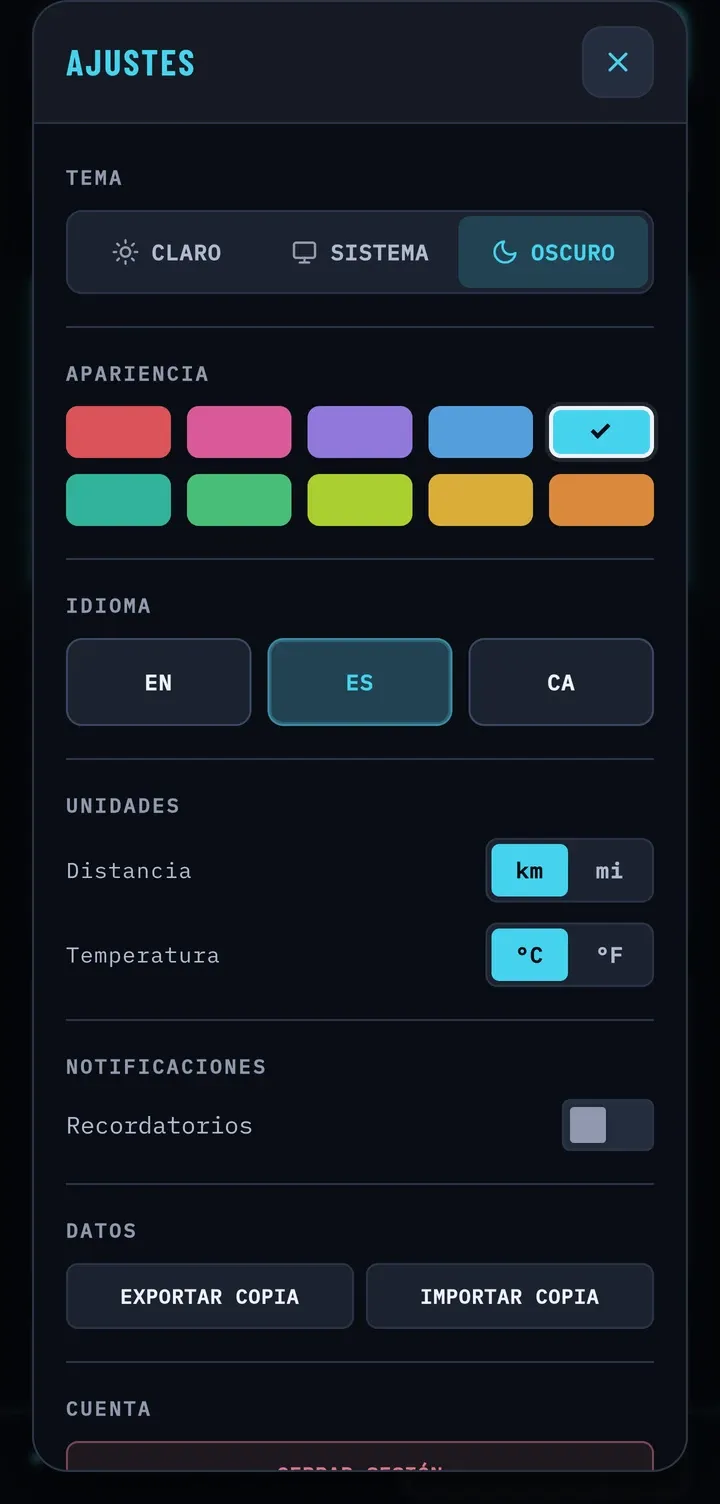 Ajustes de la aplicación con el tema claro, oscuro o de sistema, diez acentos de color, el idioma y las unidades.