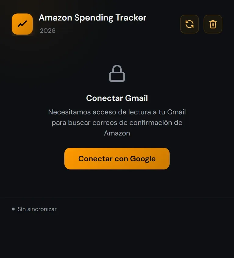 Pantalla de conexión: explica que hace falta acceso de solo lectura a Gmail para buscar las confirmaciones de Amazon.