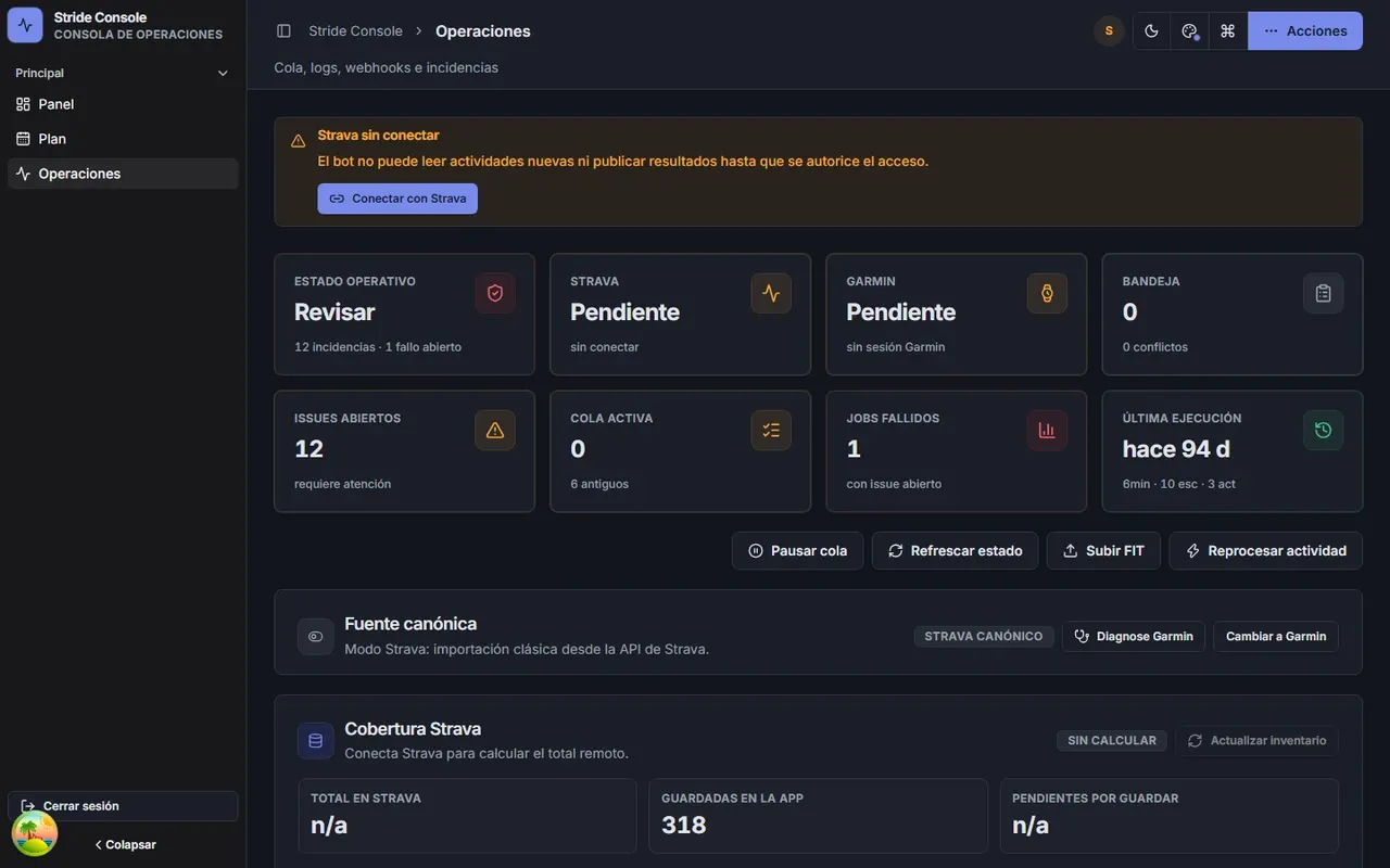 Vista de operaciones con la cola de trabajos, los errores, el registro, las ejecuciones y los webhooks recibidos.