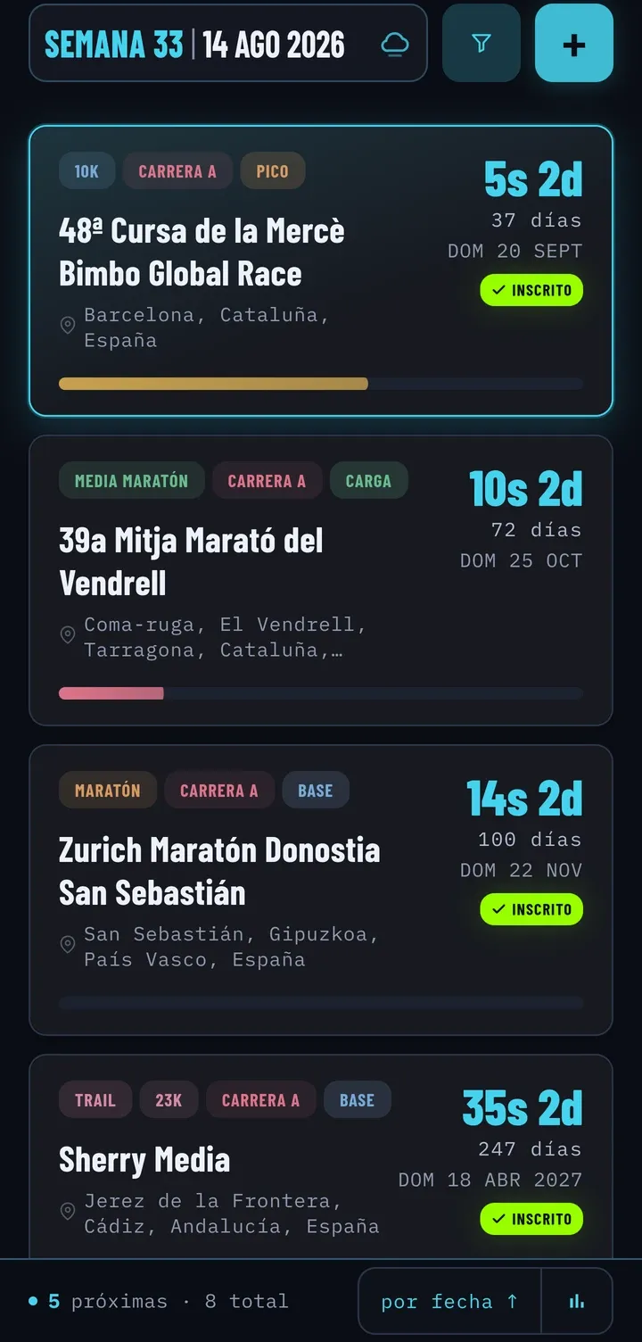 La misma lista de carreras con el acento cian en vez del rojo: cambia todo el color de la interfaz.